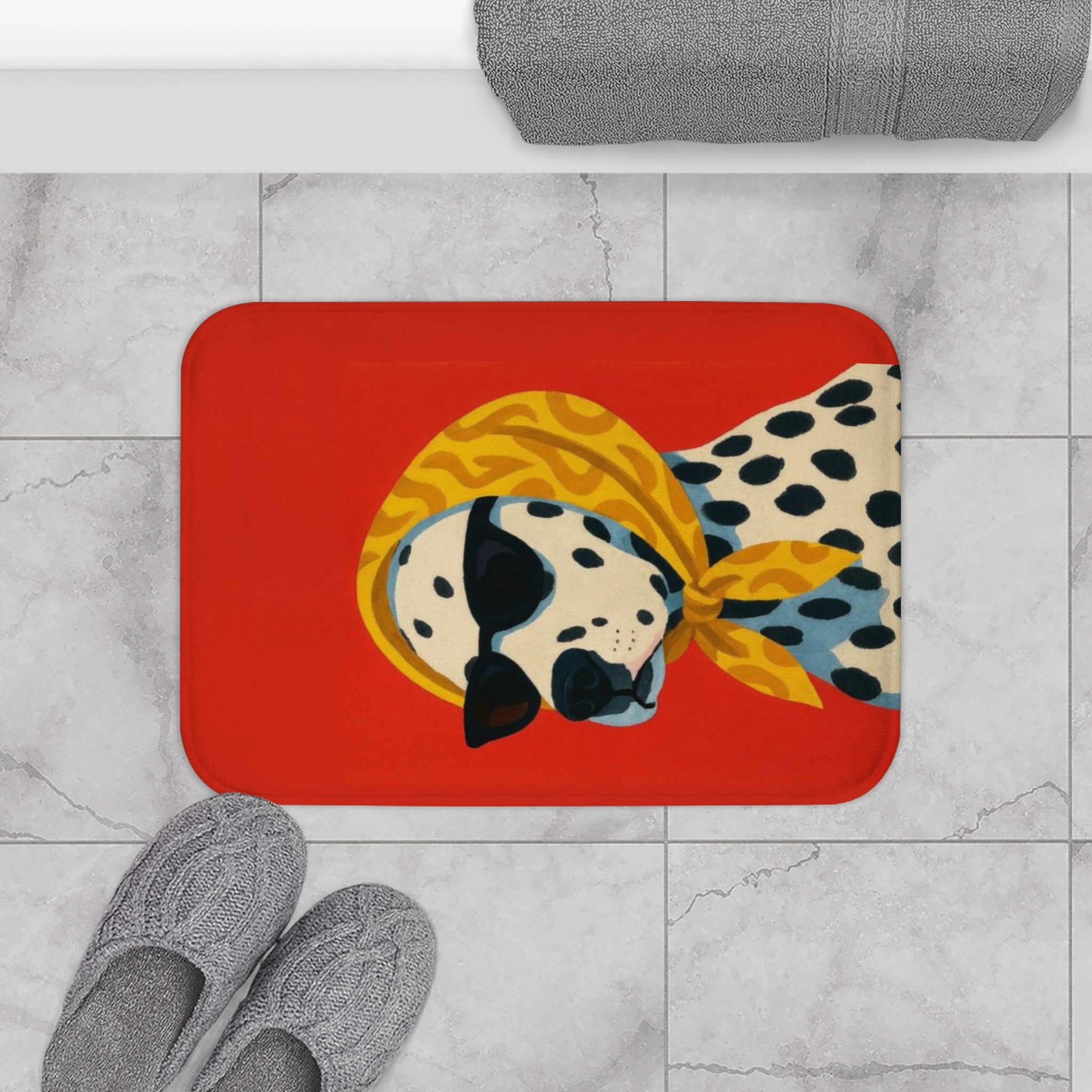 Dalmatian Bath Mat – Retro Dog Illustration on Red